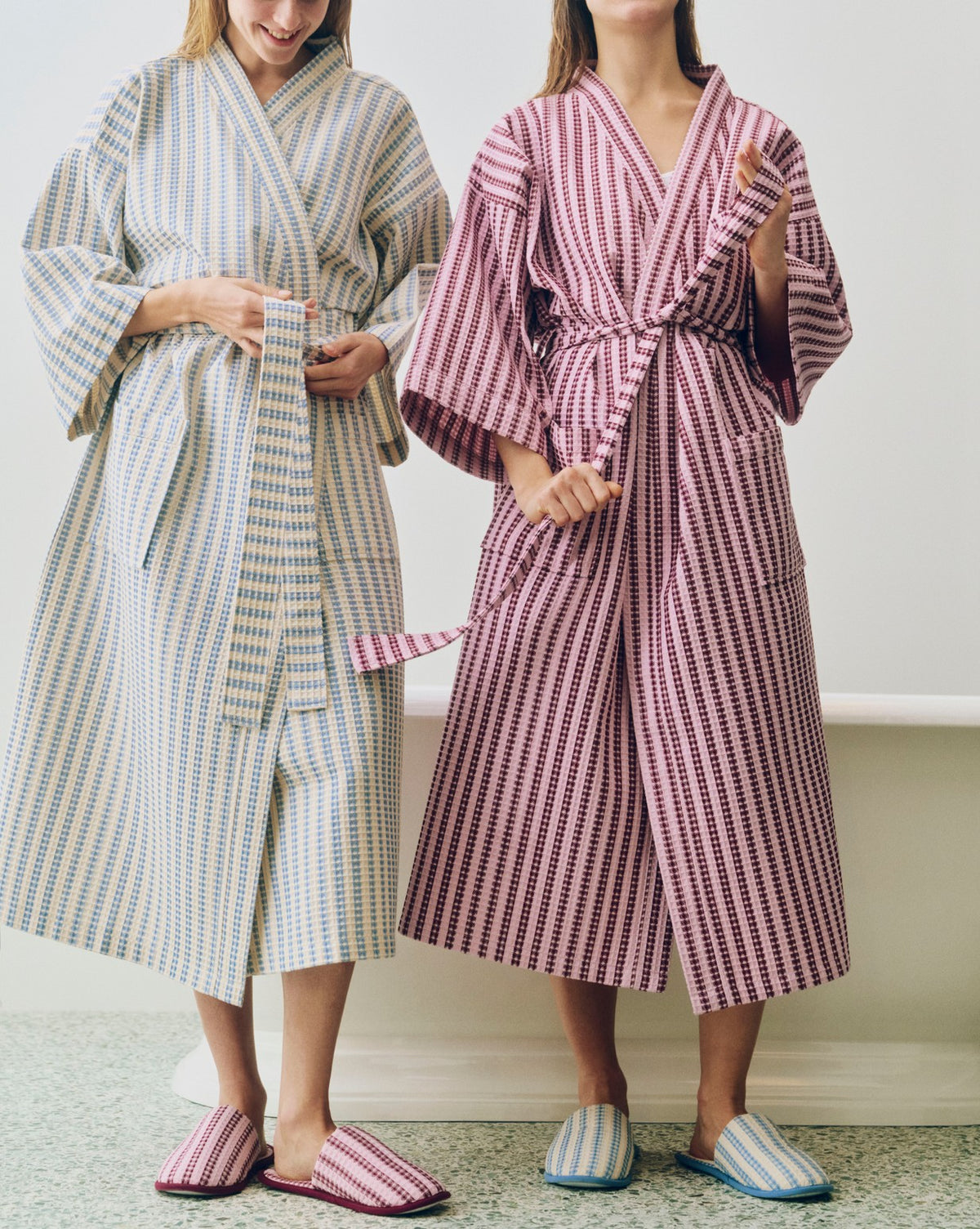 Waffle Bathrobe-Stripe dusty blue
