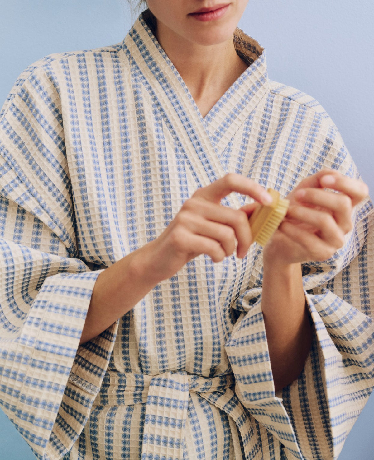 Waffle Bathrobe-Stripe dusty blue