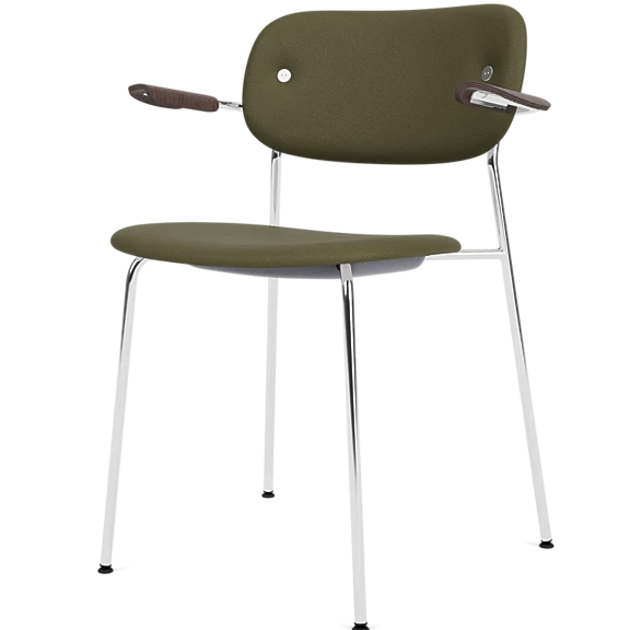 Co Dining Chair, fully upholstered with Leather Sierra 0441, dark stained oak armrest, Chrome base