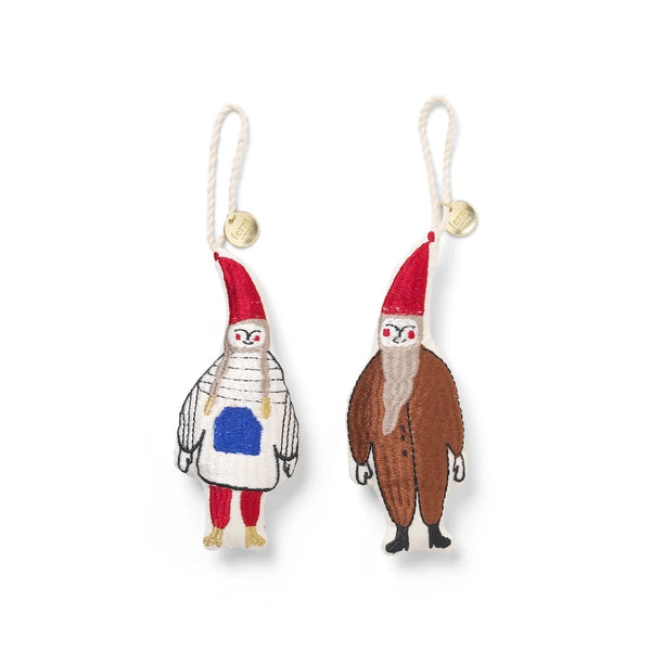 Ornament brodat Elf Pair - Set de 2 -Maro